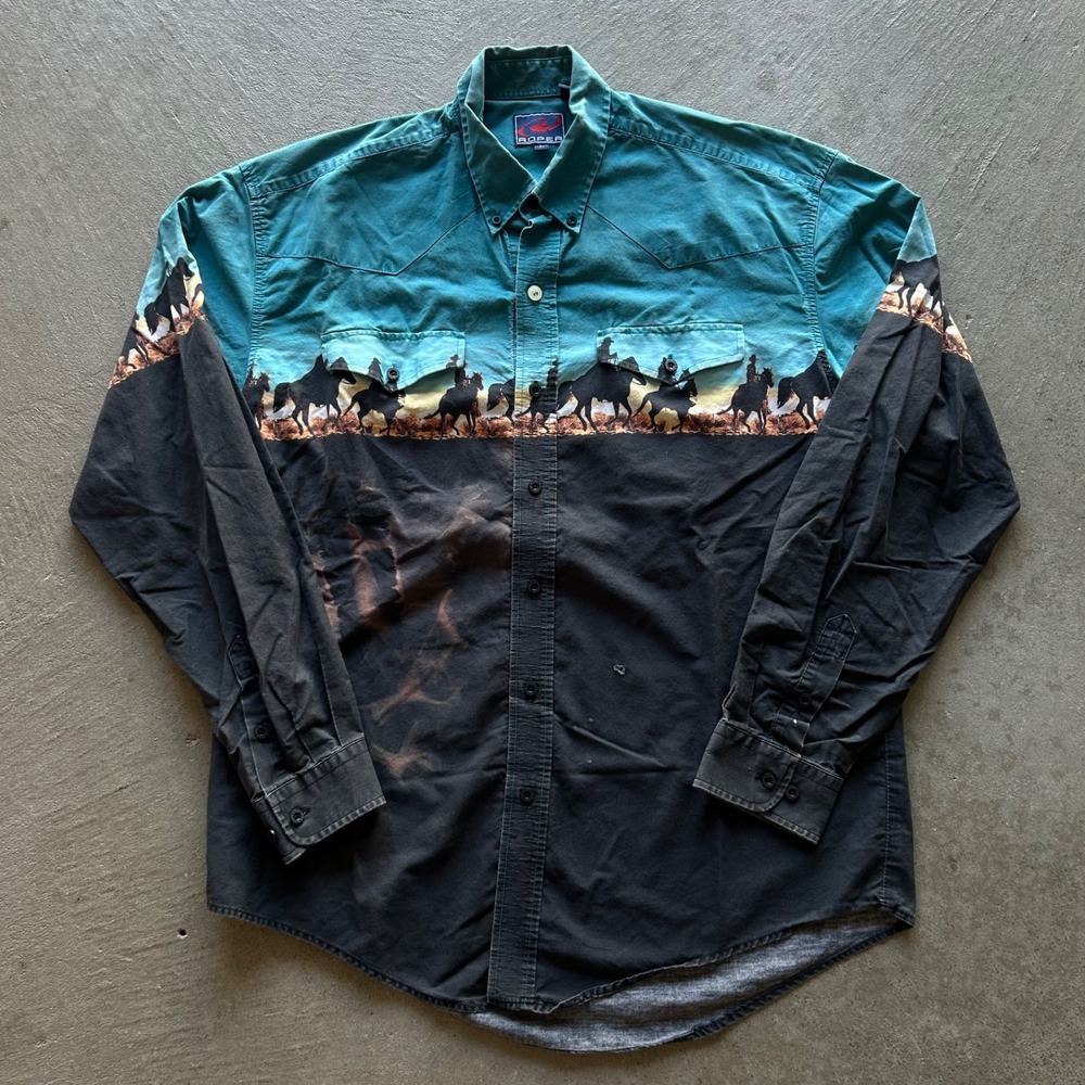 Vintage 90s Roper Western Shirt Mens Large Blue Black Button Down Cowboy Pocket